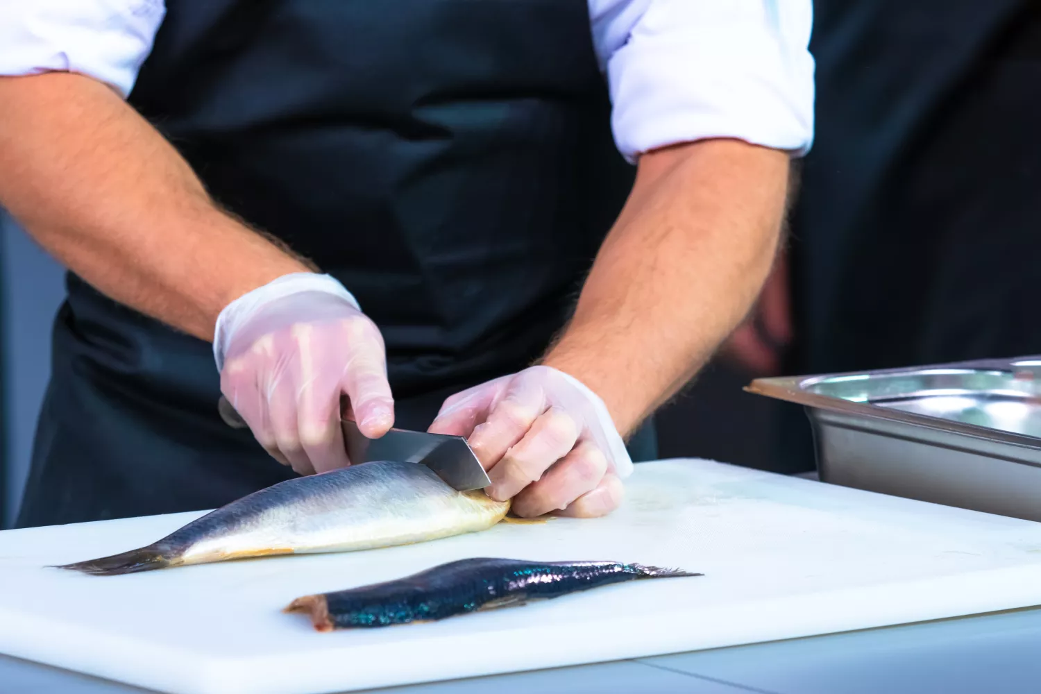 Mitarbeiter bereitet einen Fisch mit dem Messer fachgerecht und hygienisch zu